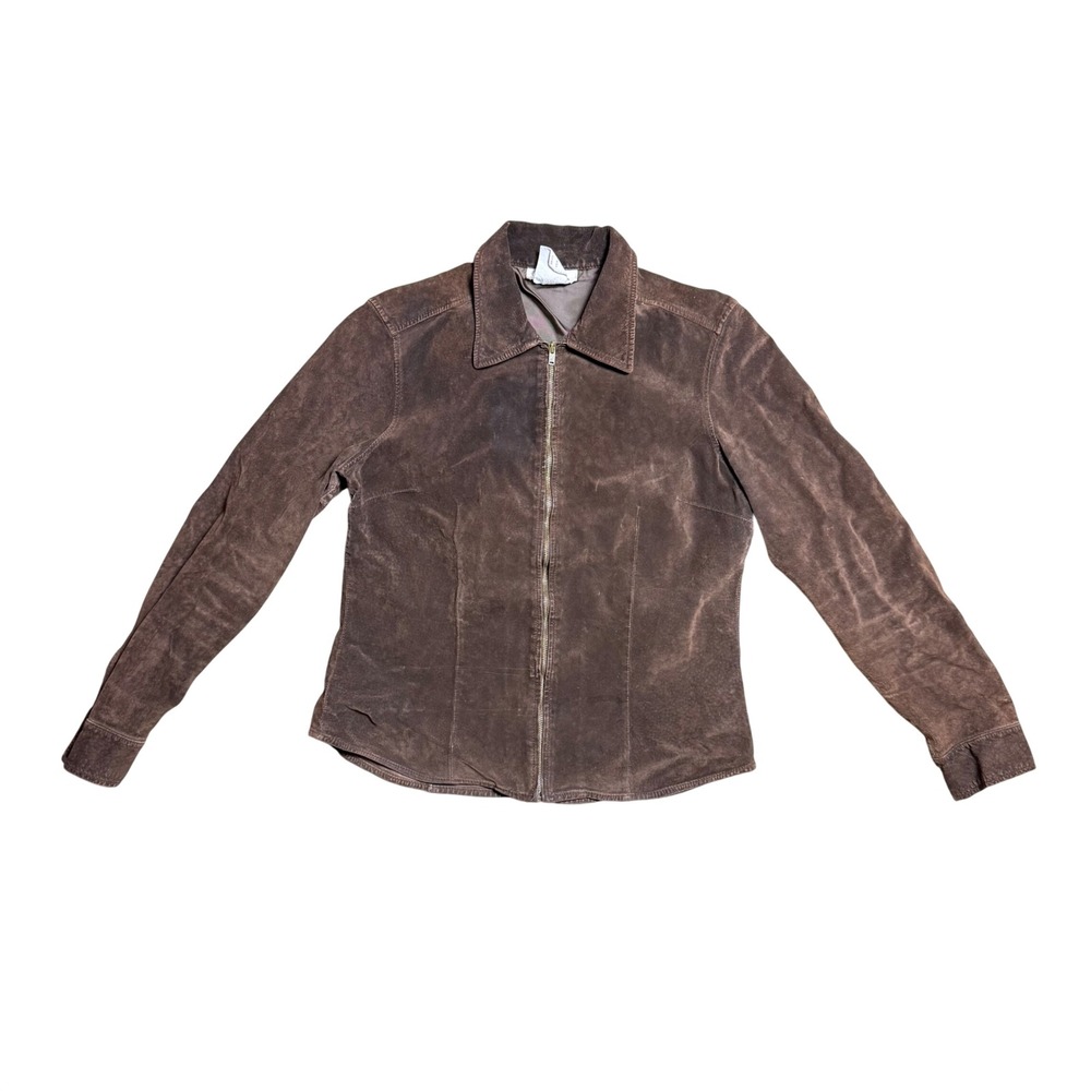 Jones New York Sport Petite Brown Suede Leather Zip Up Jacket